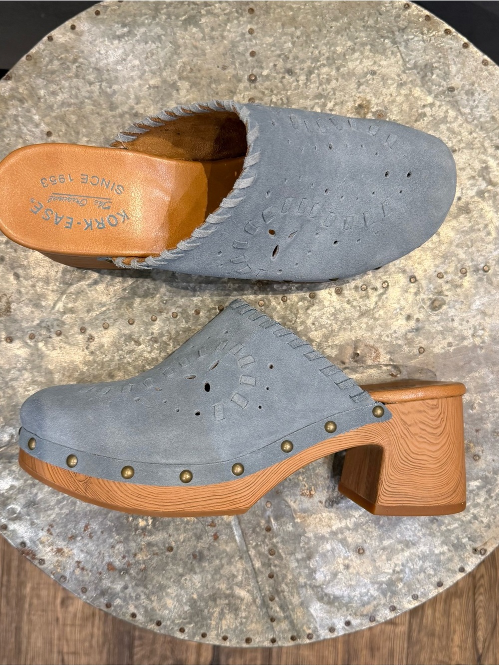 Kork-Ease Tomika Sky Blue Suede Embellished Clog Mules